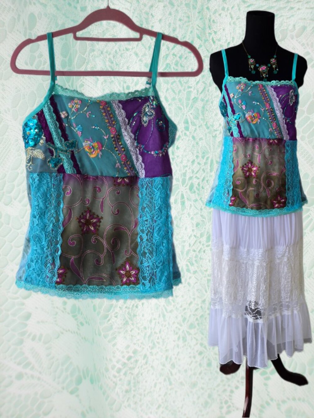 Handmade Whimsical Patchwork Aqua Purple Baby Doll Cami Top Sequin Mermaidcore